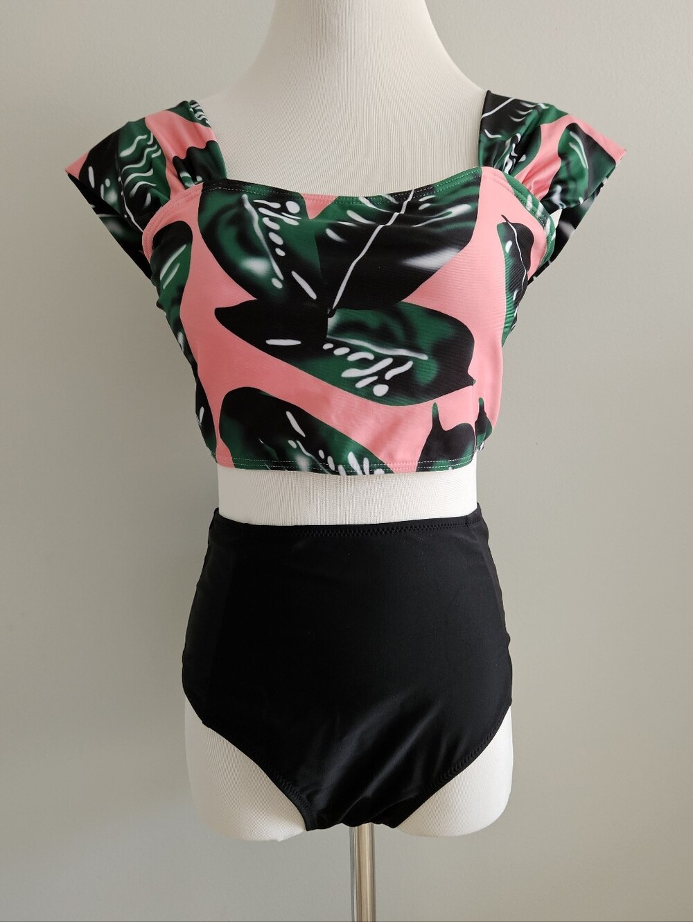 Tropical Print Crop Swim Top & High Waist Black Bottoms